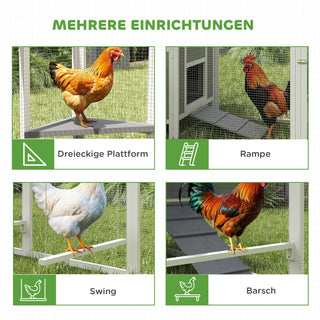 Stort hønsehus til 7-10 kyllinger, siddepladser, gynge, vinduer, redekasser, trådnet, grå