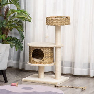 Rattan Kradsetræ med Kattehule og Boldlegetøj, Kradsetræ til Små Katte, Naturlig og Beige