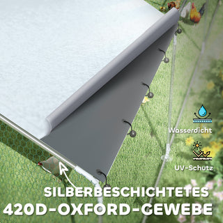 Hønsehus til fritgående hønsegårde i stål, 300 x 800 x 195 cm hønsebur med UV-bestandigt overtræk, foderlem, hængende foderautomat, siddepind, hønsegård til 24-30 høns, små dyr, sølv