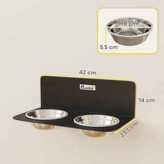 Højdejusterbar vægmonteret hundeskål med 2 x 800 ml skåle i rustfrit stål, 42 x 23,5 x 14 cm, sort