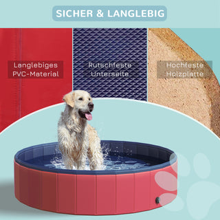 Hundepool Stort soppebassin til hunde, Swimmingpool lavet af PVC+træ, Rød, Ø140xH30 cm, Sommerglæde