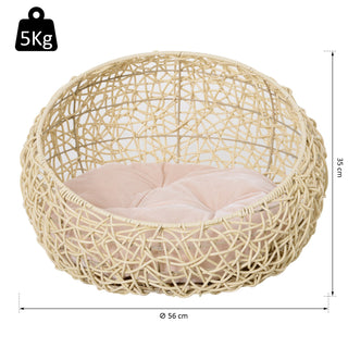 Katteseng lavet af rattan, komfortabel kattehule med hynde, kattekurv og hundeseng, beige Ø56x35cm til katte og små hunde