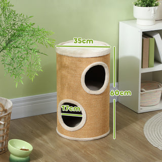 Kradsetønde til Katte, 60 cm høj kattetønde med 2 huler, Kradsetræ, Sisal kattetårn, til katte op til 5 kg, Brun