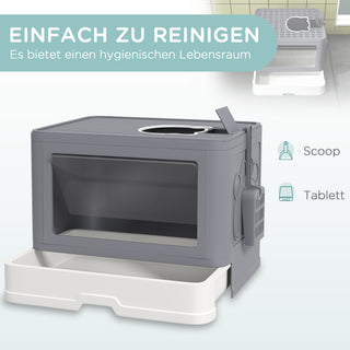 Kattebakke med låg og ske, Indendørs Kattebakke til Katte op til 4 kg, Plastik, Grå, 48,5 x 38 x 36,5 cm