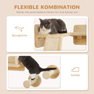 Klatrevægssæt til katte, 3-delt kattemøbel med kradsebræt, hoppeplatforme, kradsetræ og legebold, til katte op til 5 kg, sisal, beige