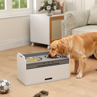 Hundeskål, hævet foderskål med opbevaringsskab, 2 skåle med skridsikre ringe, 60 x 30 x 35,5 cm, hvid